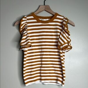 By Anthropologie Striped Ruffle Sleeve Top Mustard and White Small